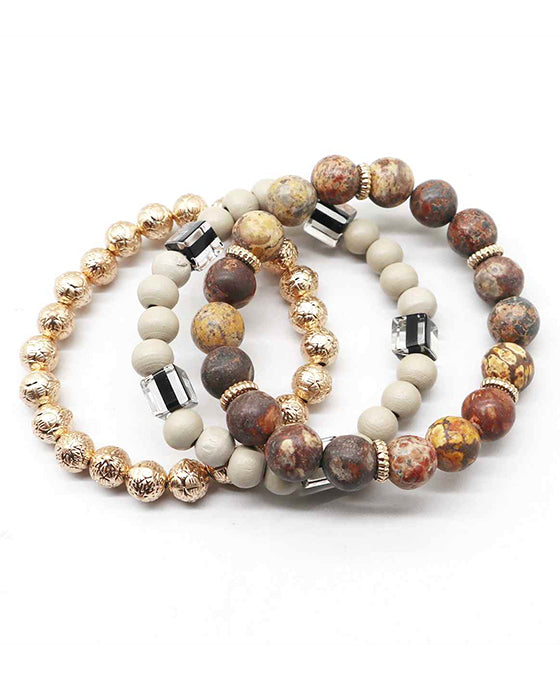 Stone & Wood & Metal Ball Stretch Bracelet