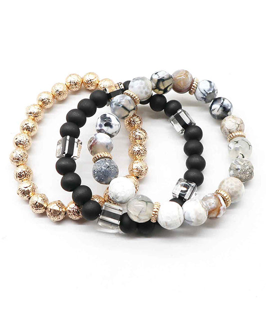 Stone & Wood & Metal Ball Stretch Bracelet
