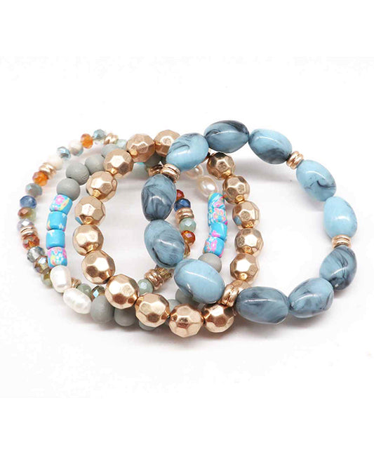 Multi Wood & Glass & Pearl & Metallic Bracelet