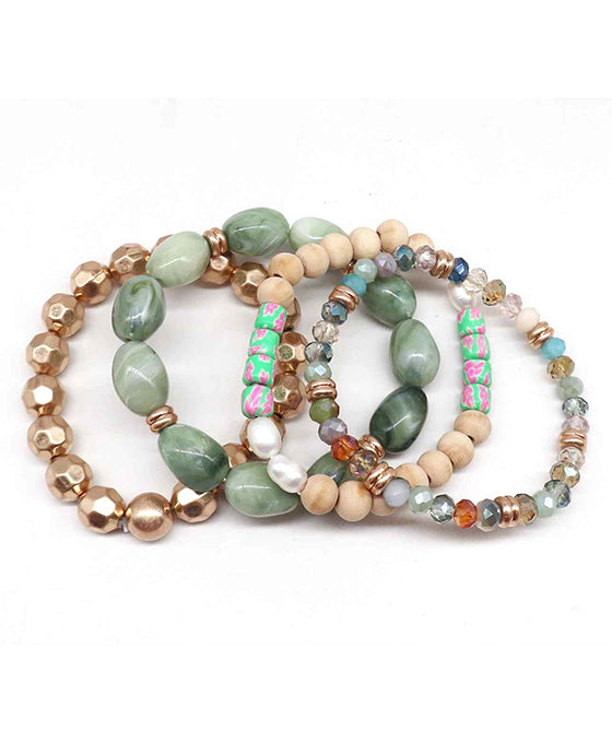 Multi Wood & Glass & Pearl & Metallic Bracelet