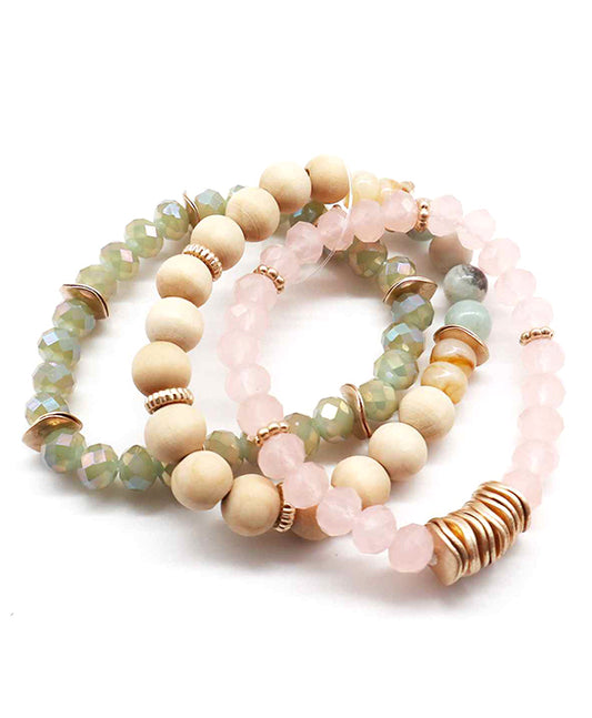 Multi Wood & Stone & Glass Bead Bracelet
