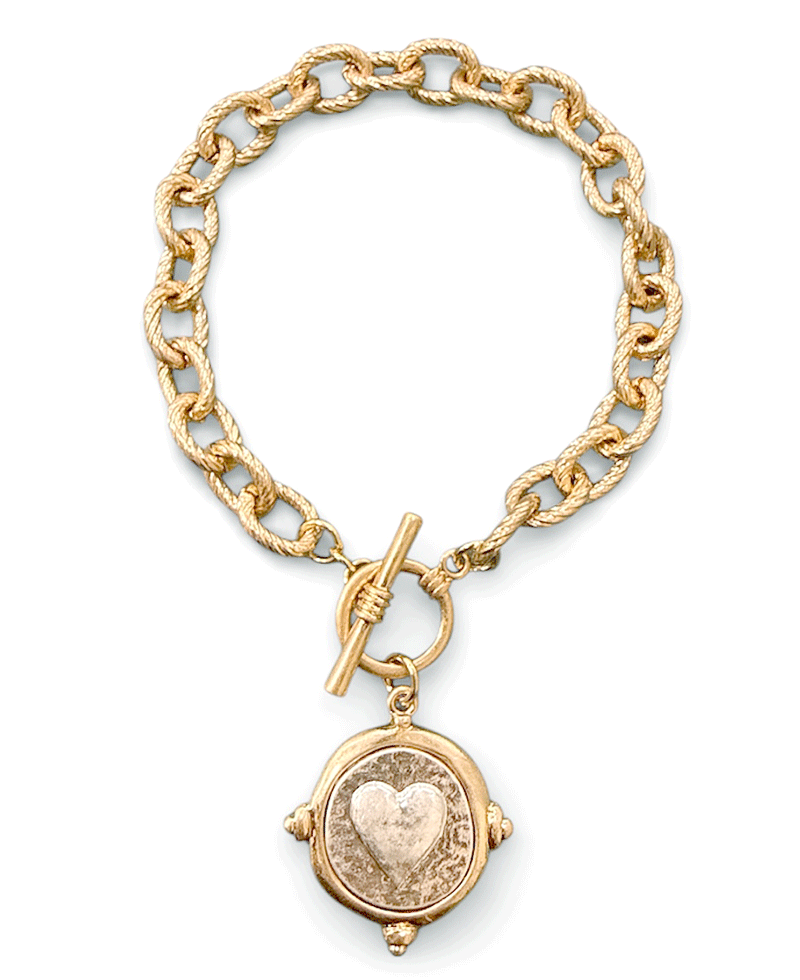 Heart Coin Charm Chain Toggle Bracelet