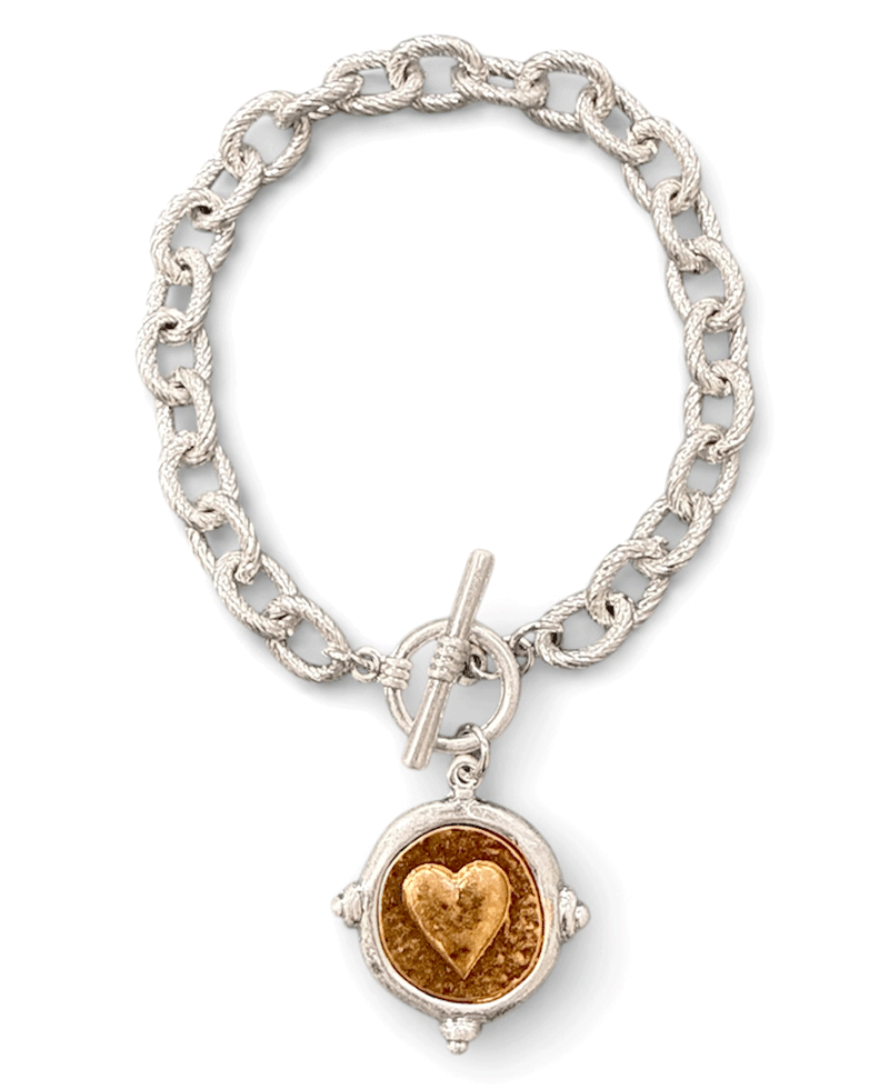 Heart Coin Charm Chain Toggle Bracelet