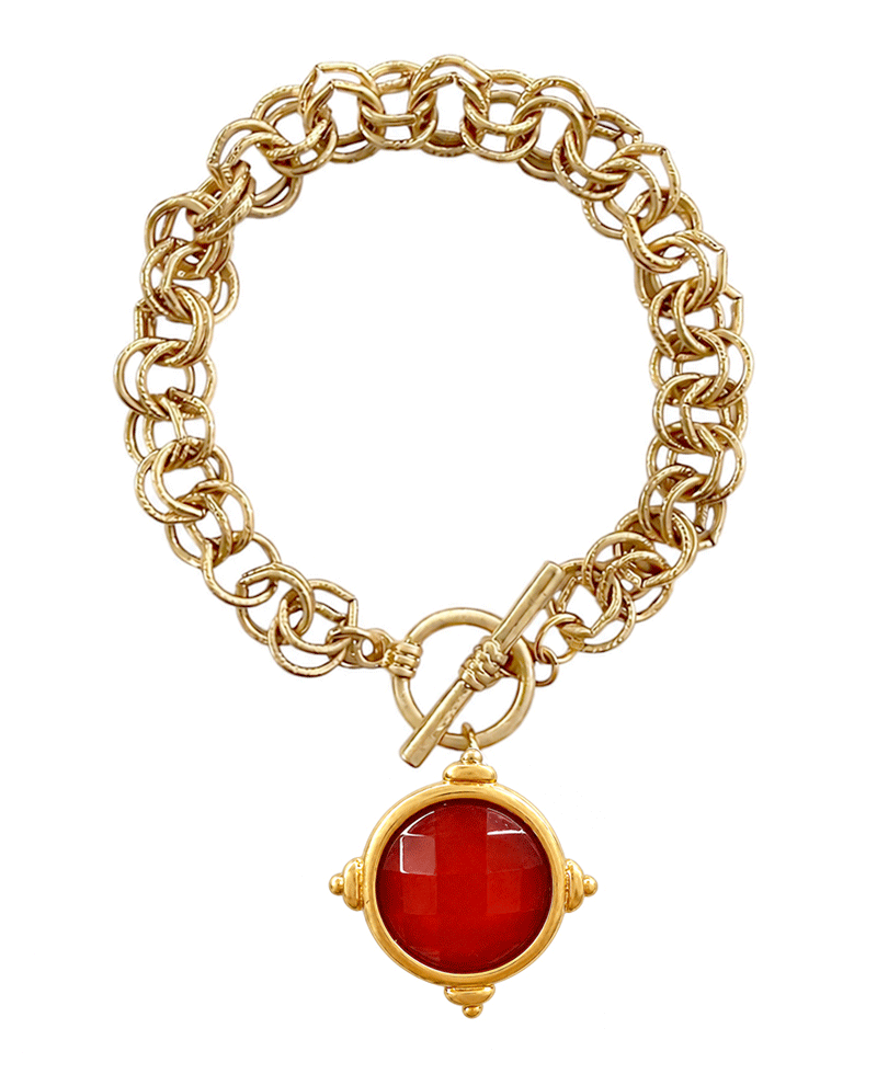 Glass Coin Gold Plated Link Chain Bracelet