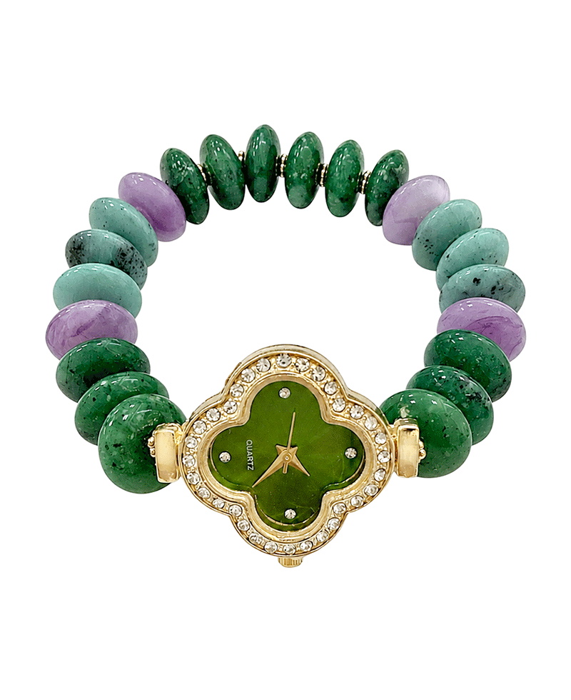 Flat Beaded w/ Clover Shape Dial Watch Bracelet