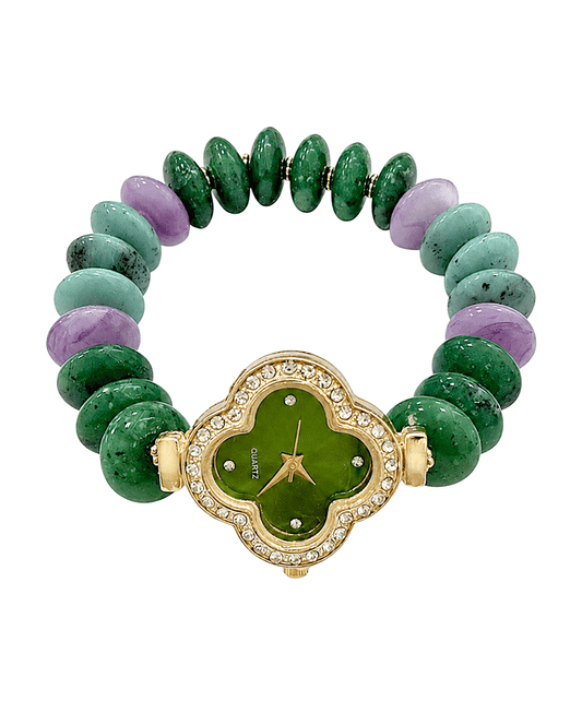 Flat Beaded w/ Clover Shape Dial Watch Bracelet
