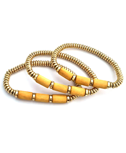 Wood Accent Metal Ball Stretch Bracelet