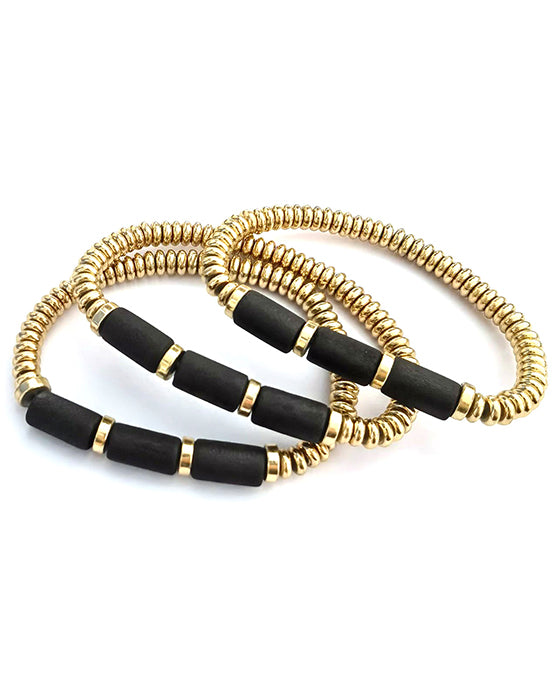 Wood Accent Metal Ball Stretch Bracelet