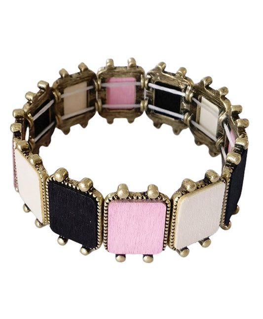 Wood w/ Metal Frame Stretch Bracelet