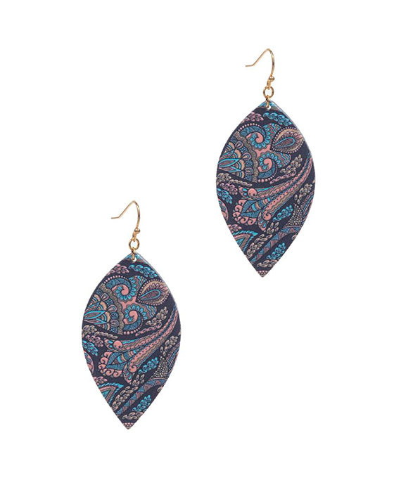 Leaf Shaped Wood w/ Ethnic Pattern Earring
