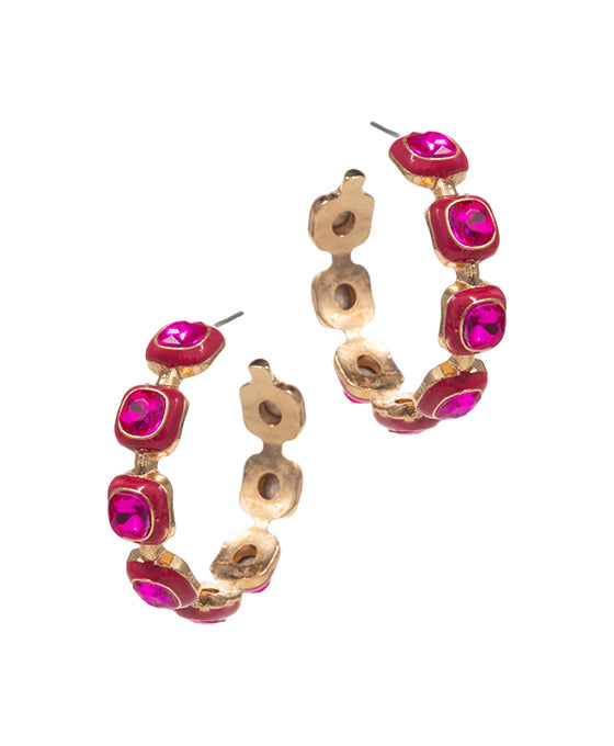Color Glass Stone w/ Enamel Framed Hoop Earring