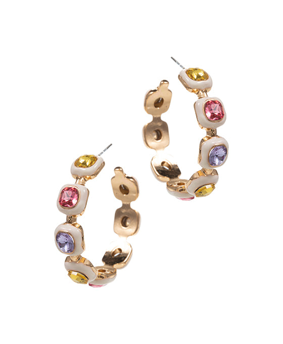 Color Glass Stone w/ Enamel Framed Hoop Earring