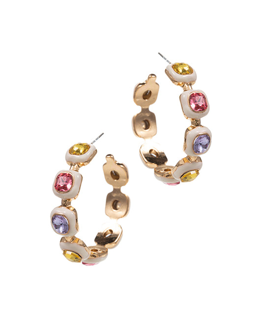 Color Glass Stone w/ Enamel Framed Hoop Earring