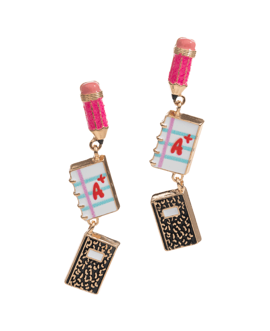 Pencil & Notebook Enamel Post Earring - 2.5"