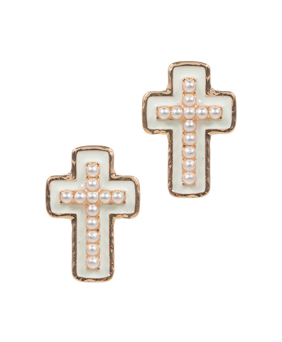 Cross w/ Glass Pearl Post Earring
