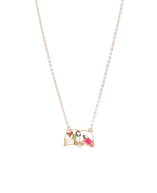 Book Metal Frame w/ Enamel Pencil Short Necklace - 17"