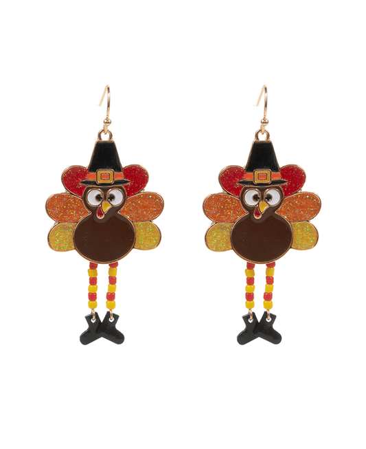 Thanks Giving Turkey Colored Metal Brass Earring - 2.5"