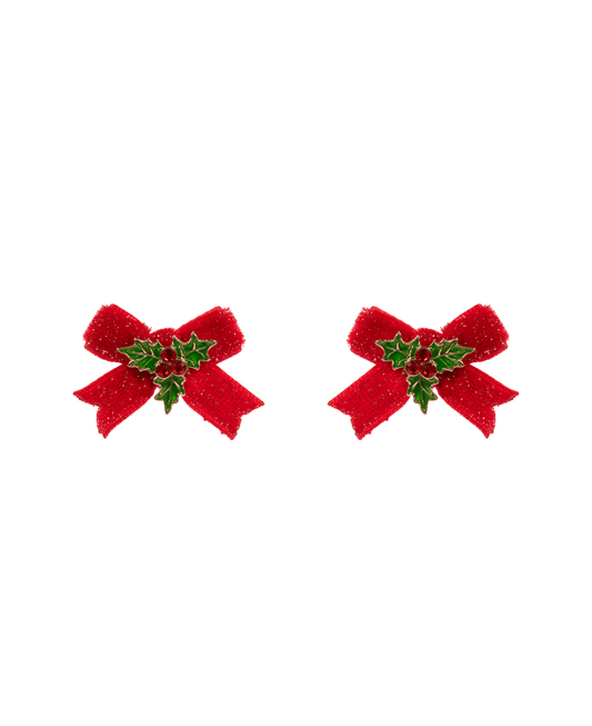 Holly Shaped Enamel w/ Glitter Velvet Ribbon Earring - 1.0"