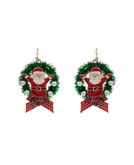 Christmas Wreath w/ Enamel Santa Claus Earring - 2.0"