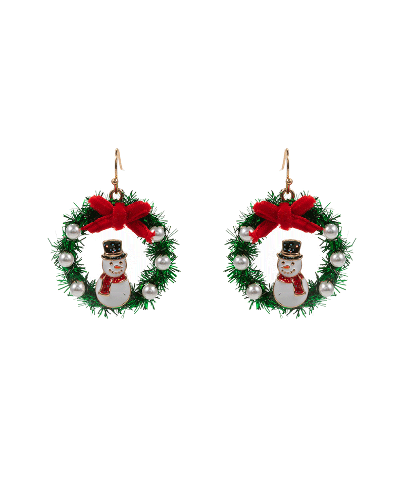 Christmas Wreath w/ Enamel Snowman Brass Earring - 1.5"