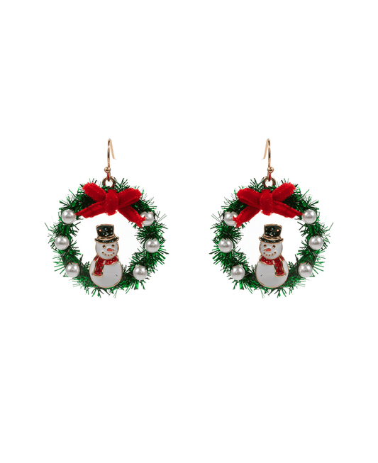 Christmas Wreath w/ Enamel Snowman Brass Earring - 1.5"
