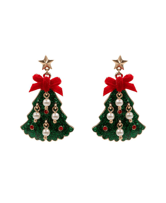 Christmas Tree Enamel w/ Pearls Earring - 1.75"