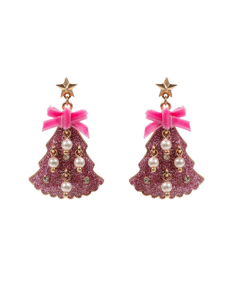 Christmas Tree Enamel w/ Pearls Earring - 1.75"