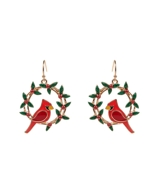 Christmas Wreath Enamel w/ Cardinal Earring - 1.5"