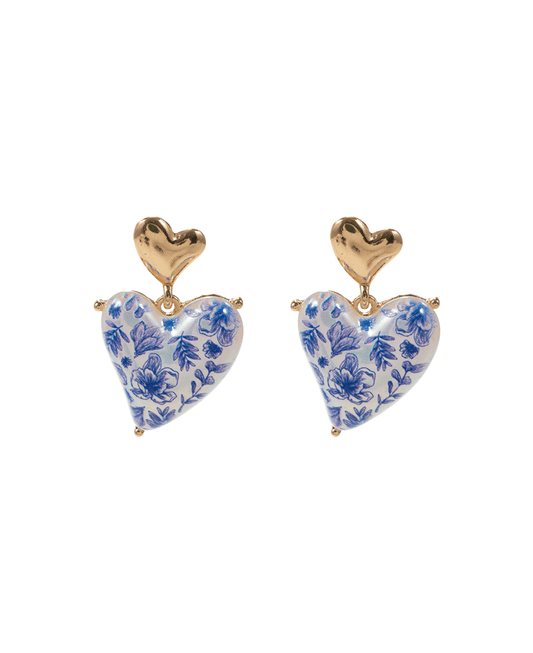 Heart Pearl w/ Vintage Flower Print Post Earring - 1.25"