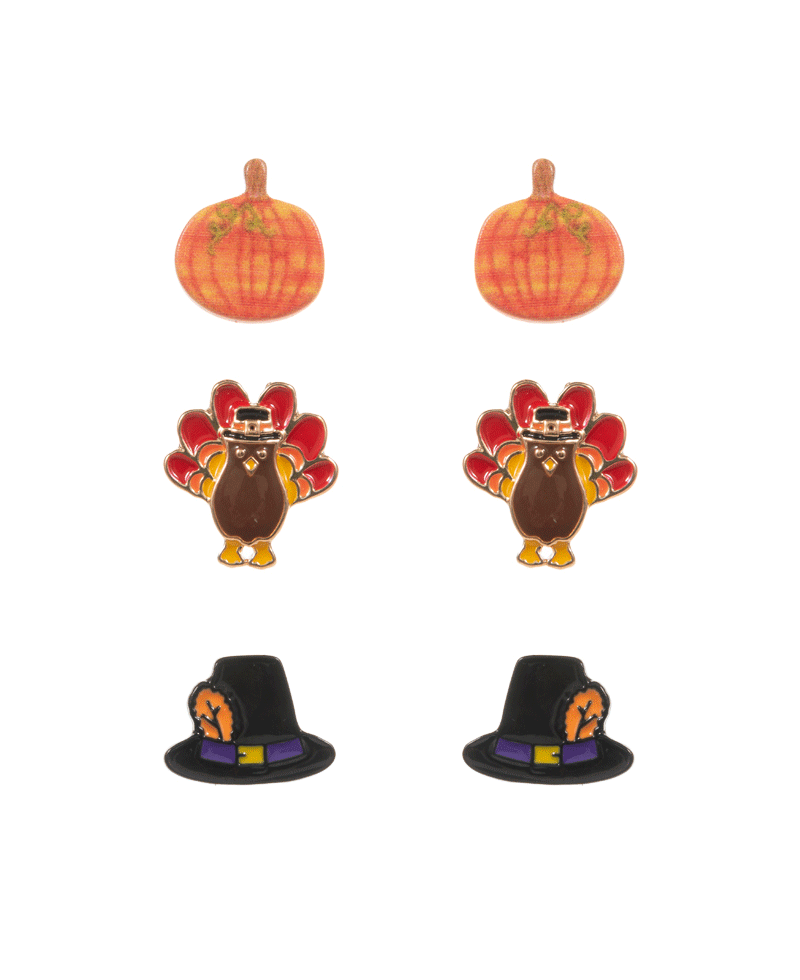 Pumpkin, Turkey & Hat 3 Set Post Earring - 0.75"