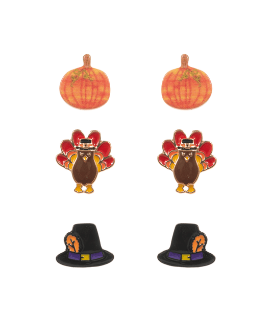 Pumpkin, Turkey & Hat 3 Set Post Earring - 0.75"