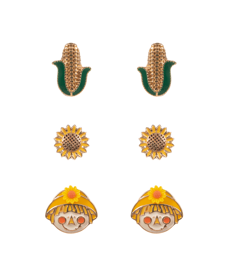 Corn, Sunflower & Scarecrow 3 Set Post Earring - 0.75"