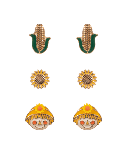 Corn, Sunflower & Scarecrow 3 Set Post Earring - 0.75"