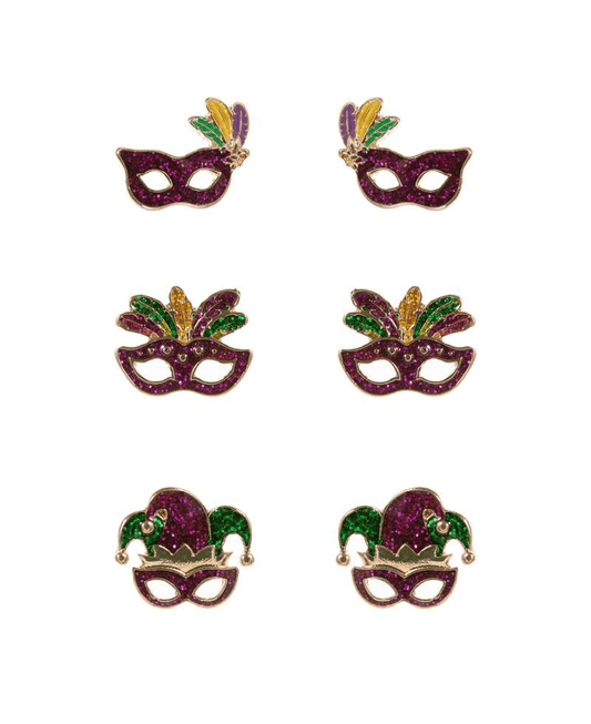 Multi Mardi Gras Mask w/ Glitter Enamel 3 Set Hypo Earring - 0.5"