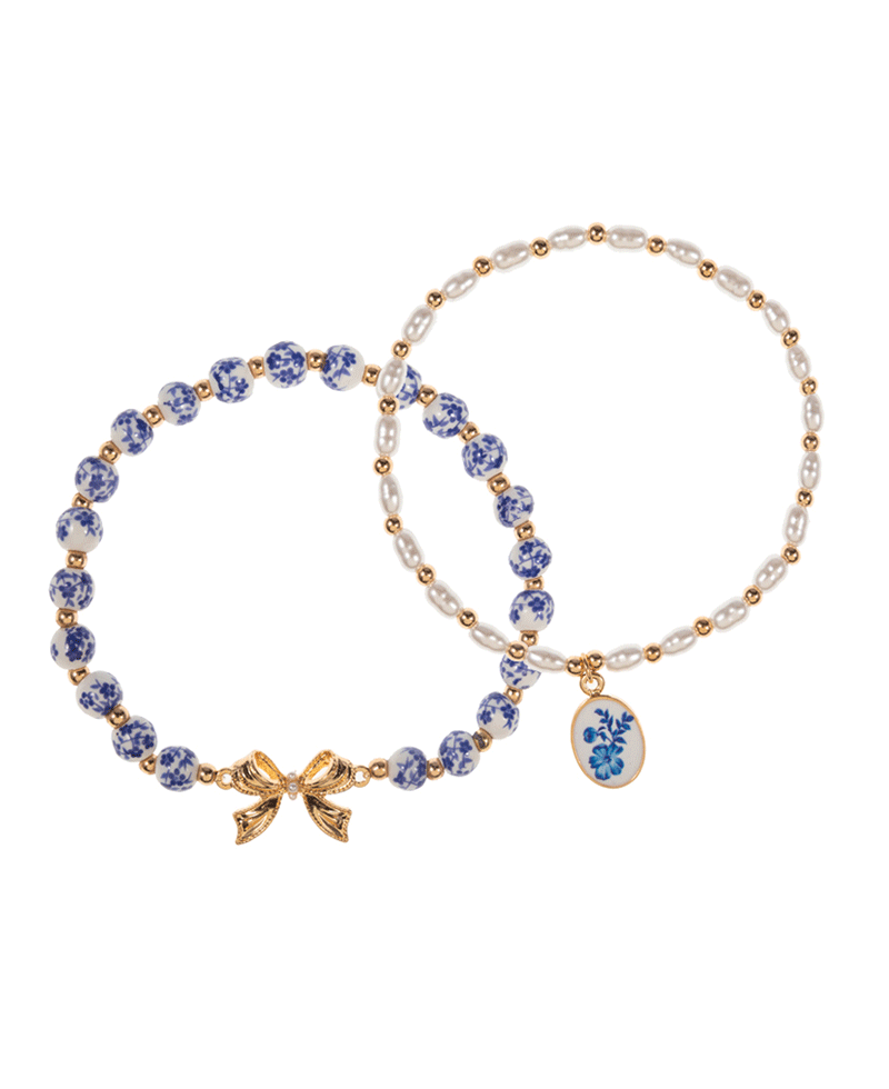 Ceramic w/ Bow & Pearl w/ Enameled Charm Bracelet