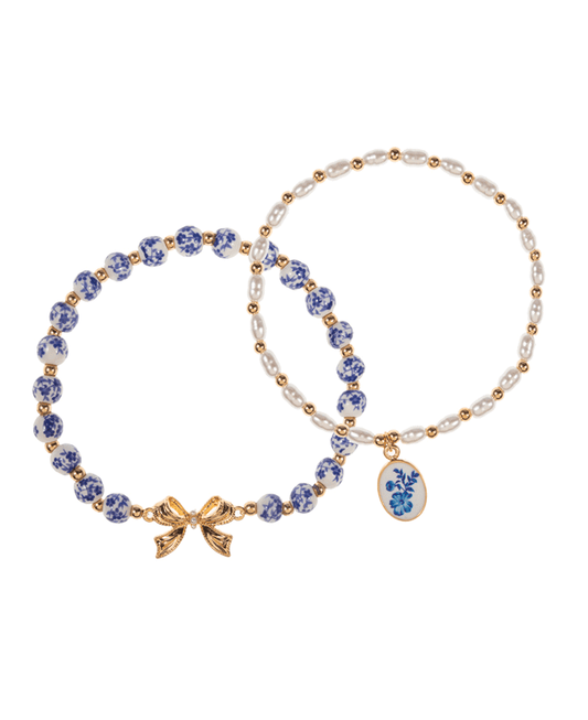 Ceramic w/ Bow & Pearl w/ Enameled Charm Bracelet