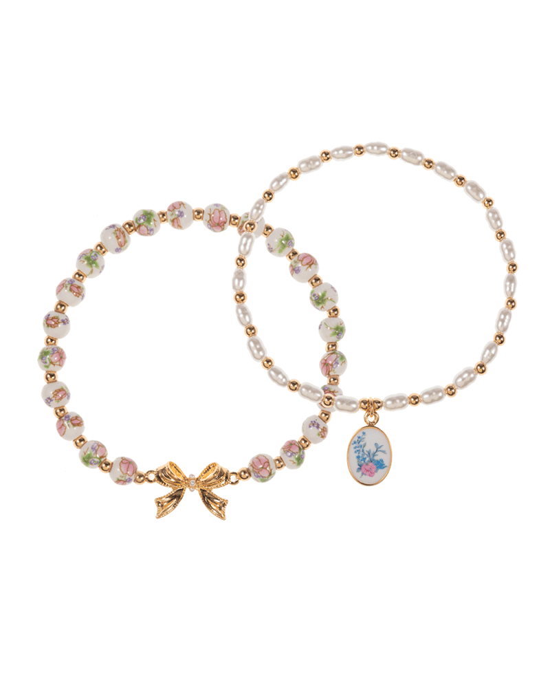 Ceramic w/ Bow & Pearl w/ Enameled Charm Bracelet