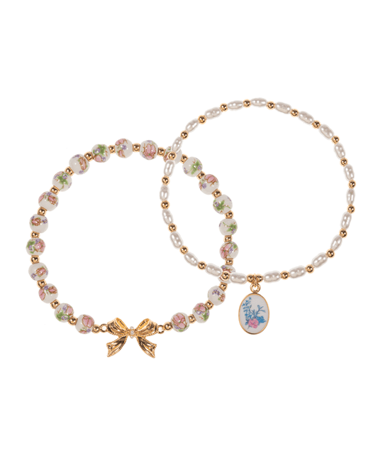 Ceramic w/ Bow & Pearl w/ Enameled Charm Bracelet
