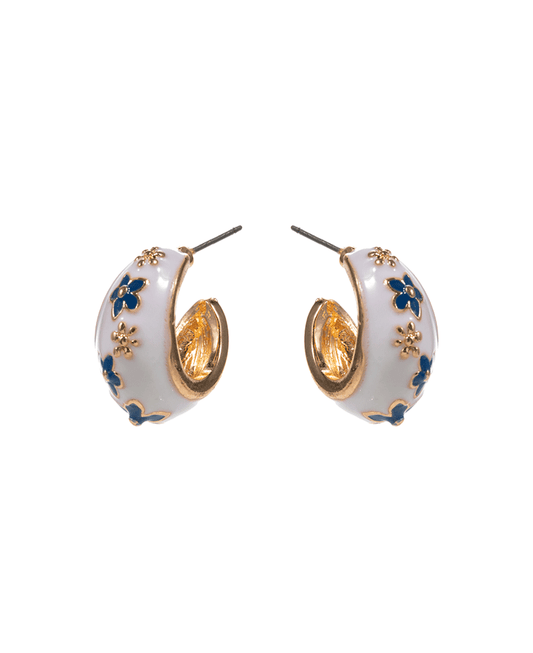 Round Enamel Hoop w/ Flower Pattern Earring - 0.75"