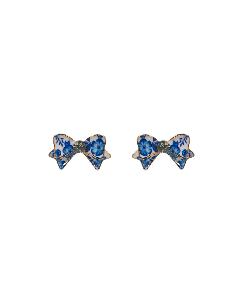 Flower Print Enamel Bow Titanium Post Earring - 0.5"
