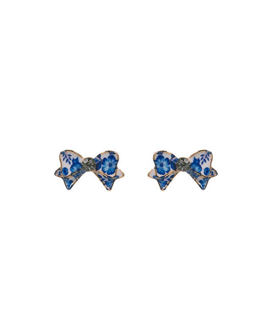 Flower Print Enamel Bow Titanium Post Earring - 0.5"