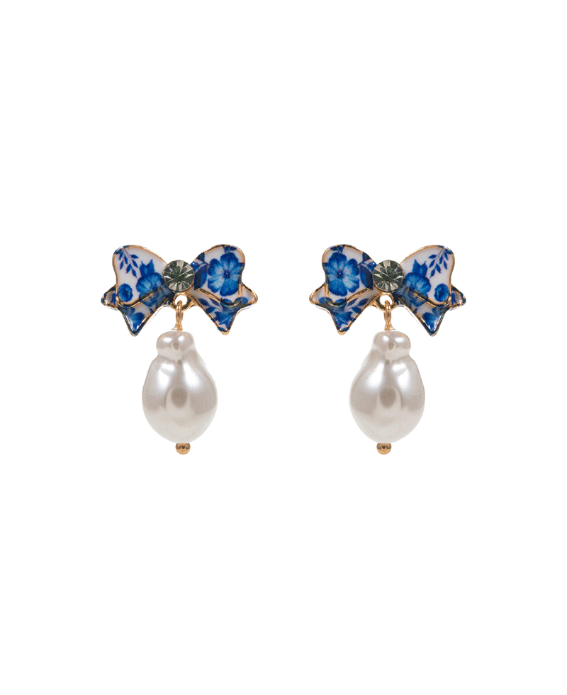 Flower Print Enamel Bow w/ Pearl Post Earring - 1.0"