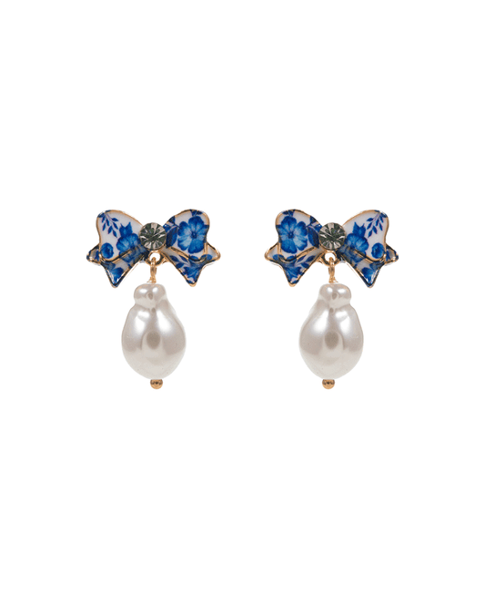 Flower Print Enamel Bow w/ Pearl Post Earring - 1.0"