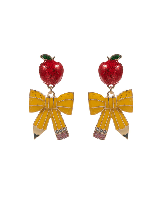 Bow Pencil Enamel w/ Apple Hypo Titanium Post Earring - 1.5"