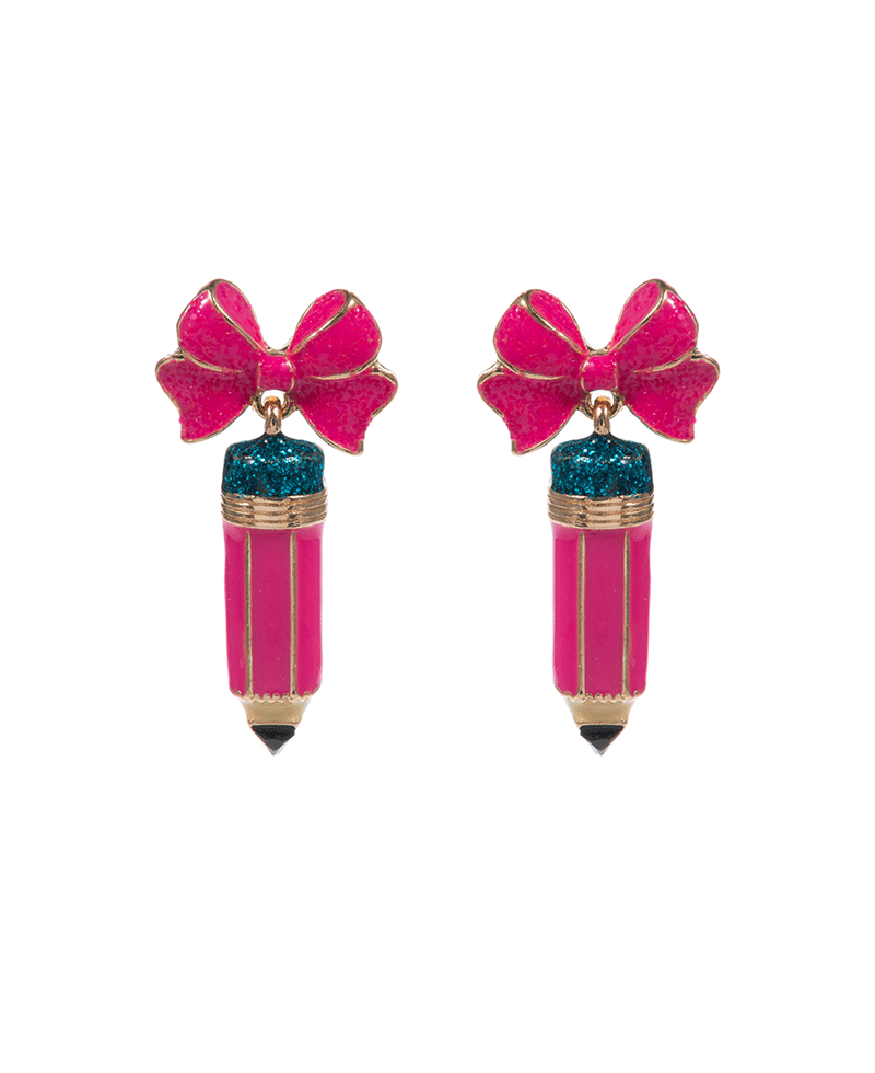 Pencil Enamel w/ Bow Hypo Titanium Post Earring - 1.5"