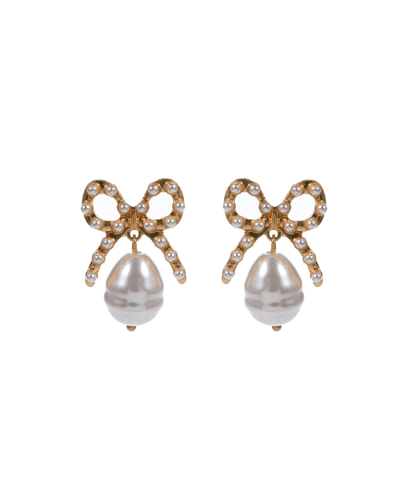 Bow w/ Vintage Metal Pearl Hypo Post Earring - 1.25"