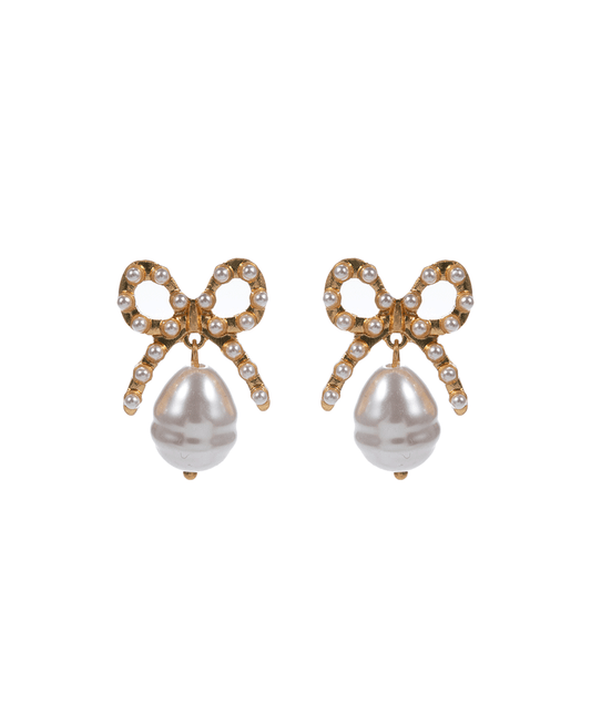 Bow w/ Vintage Metal Pearl Hypo Post Earring - 1.25"