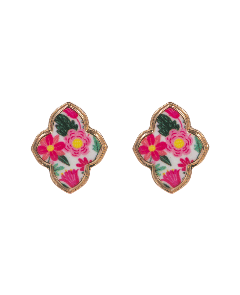 Clover Enamel w/ Flower Pattern Post Earring - 0.75"