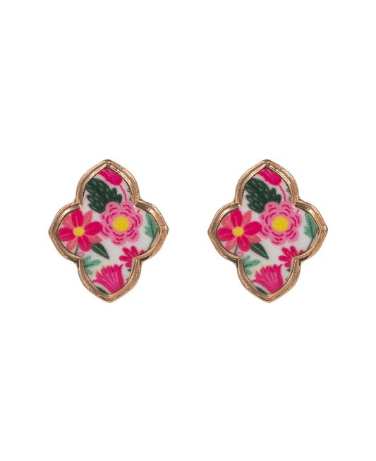 Clover Enamel w/ Flower Pattern Post Earring - 0.75"