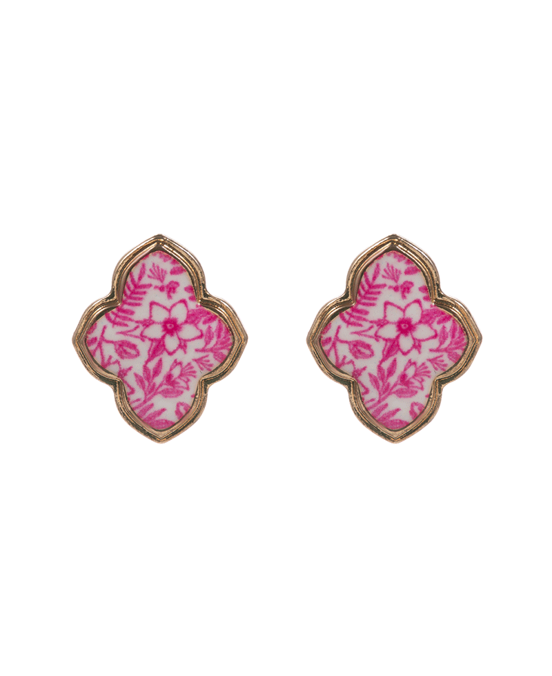 Clover Enamel w/ Flower Pattern Post Earring - 0.75"